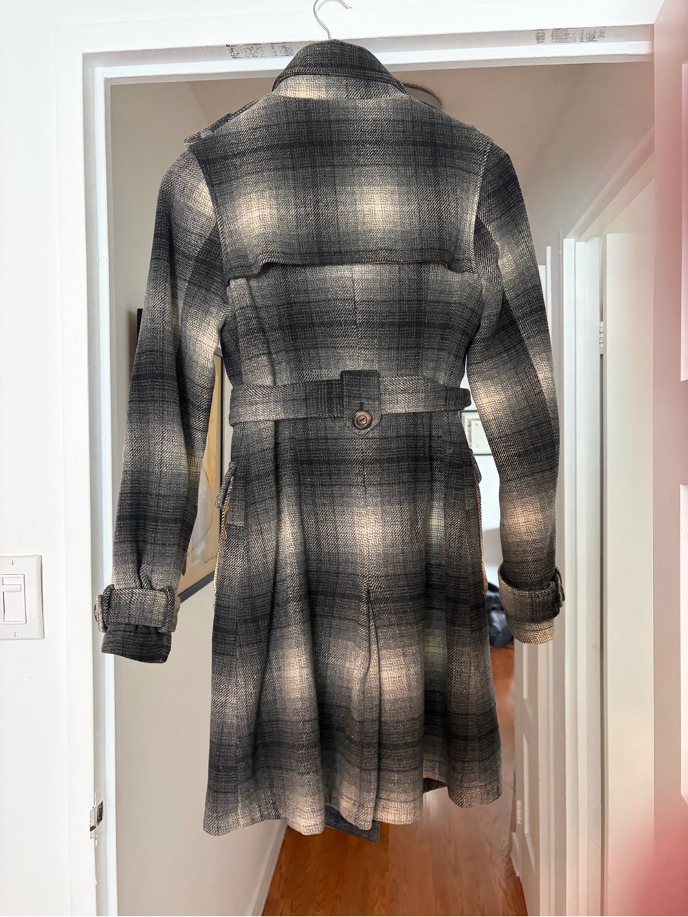 Coach Black and Gray Plaid Belted Trench Coat